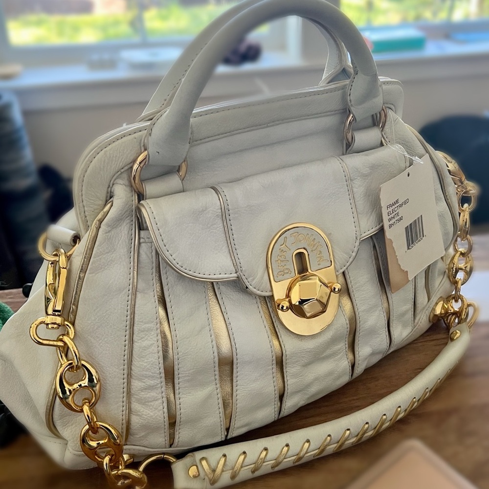 Betsey Johnson White/Gold Leather Satchel Purse